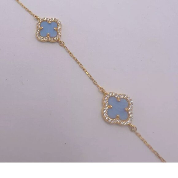 Rachel Zoe Gold Plated 925 Ster Silver Bracelet Pave 3 Blue Clover - Picture 6 of 15